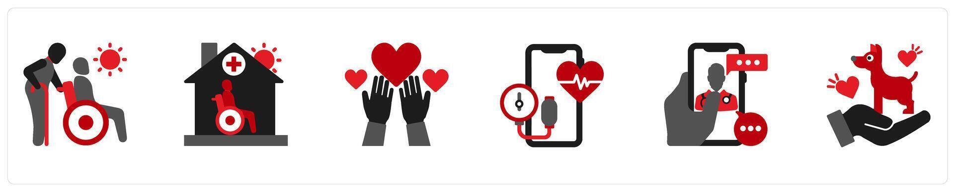 Six medical icons in red and black as senior people, nursing home, volunteering vector