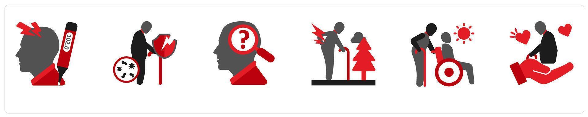 Six medical icons in red and black as headache, week immune system, psychological problem vector