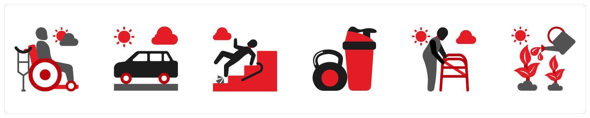 Six mix icons in red and black as rehabiliation, driving, senior fall prevention vector