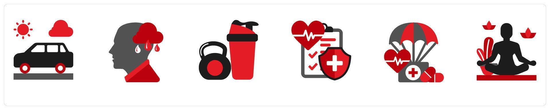 Six mix icons in red and black as driving, stress, gymnastics, insurance vector