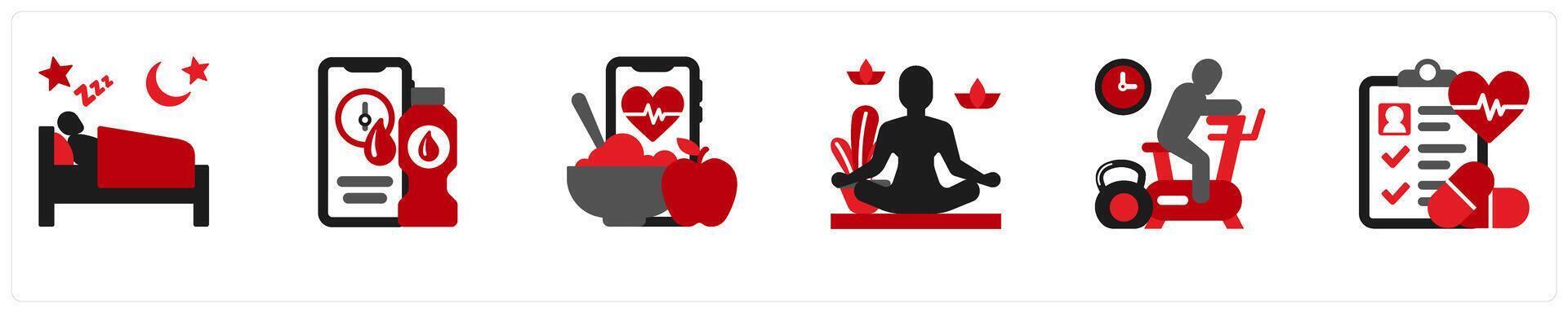 Six mix icons in red and black as sleep cycle, hydration app, healthy eating vector