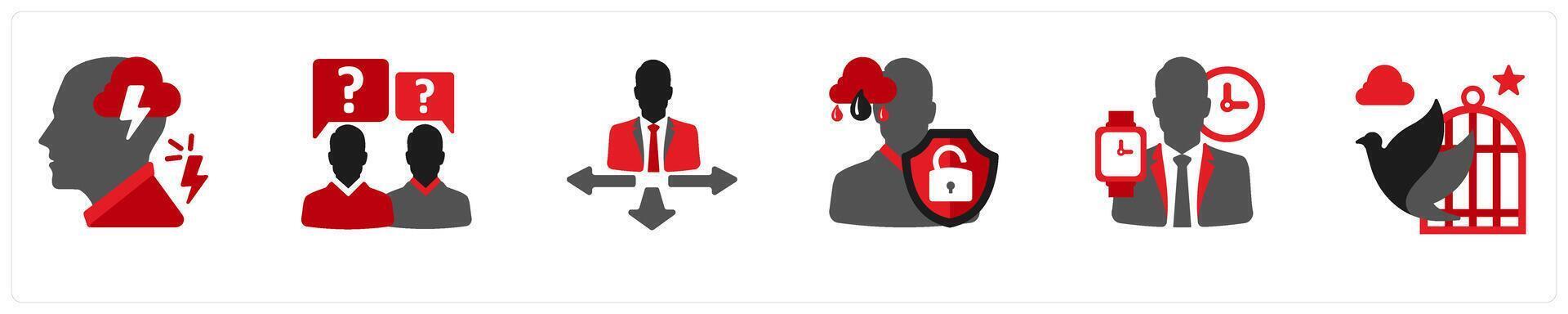 Six mix icons in red and black as anger, communication problems, opposite views vector