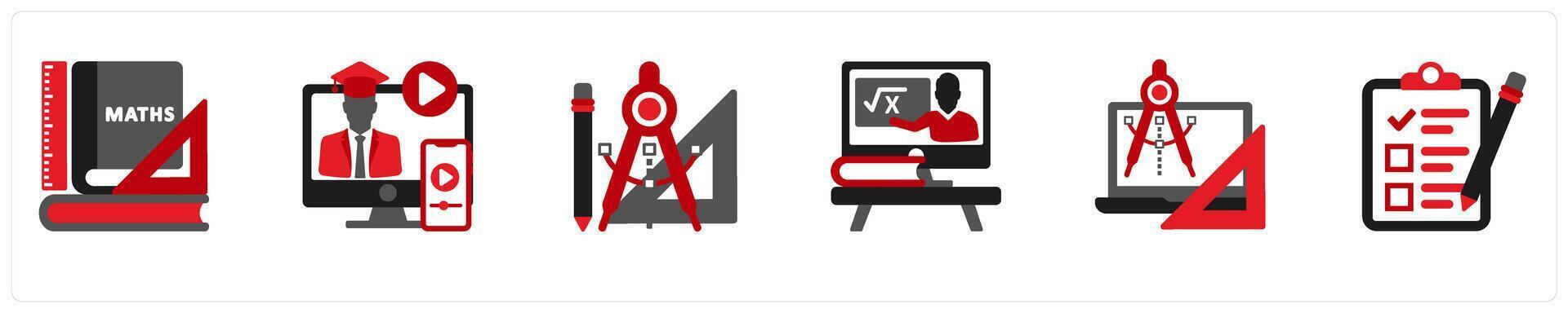 Six mix icons in red and black as maths, tutorials, tools vector