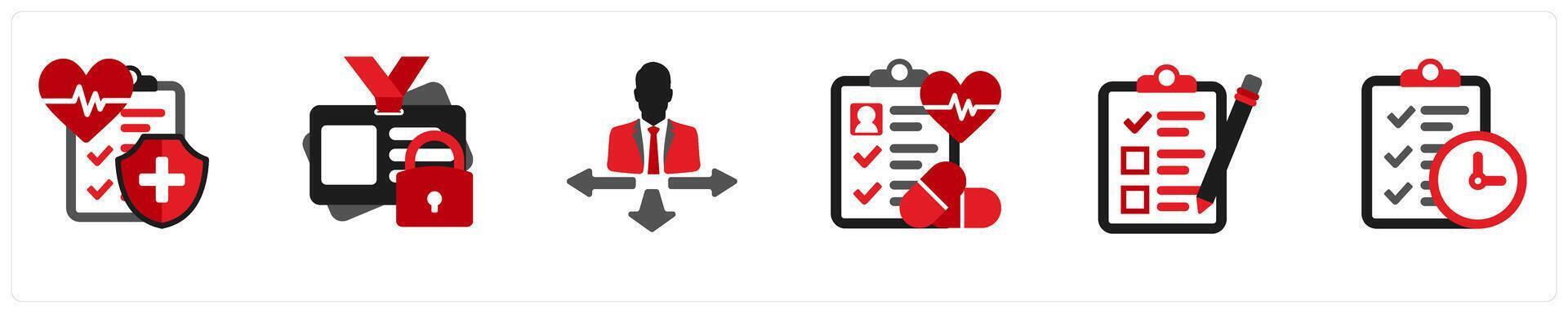 Six mix icons in red and black as insurance, personal identity, opposite views vector