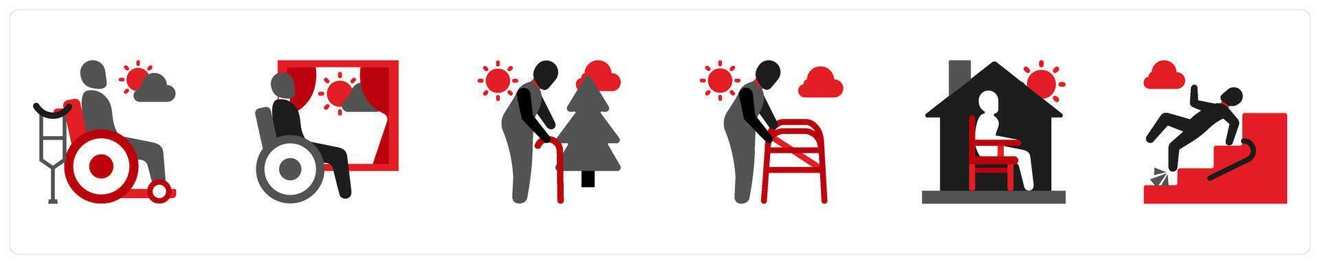 Six mix icons in red and black as rehabiliation, loneliness, disabled senior vector