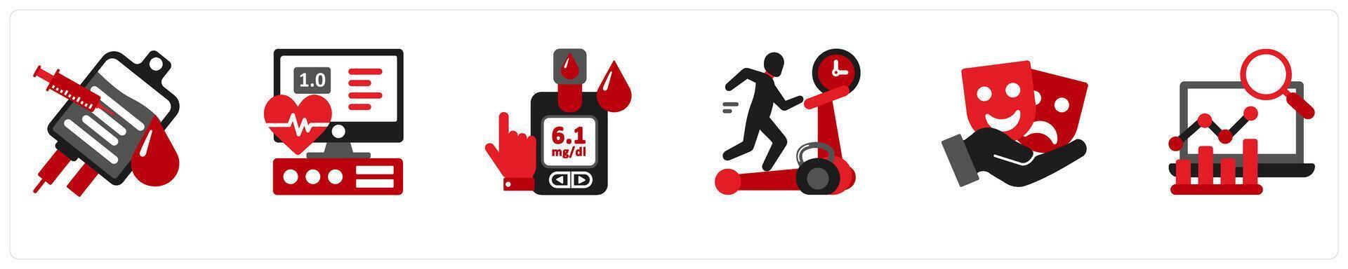 A set of 6 medical icons as blood transfusion, ecg tracing vector