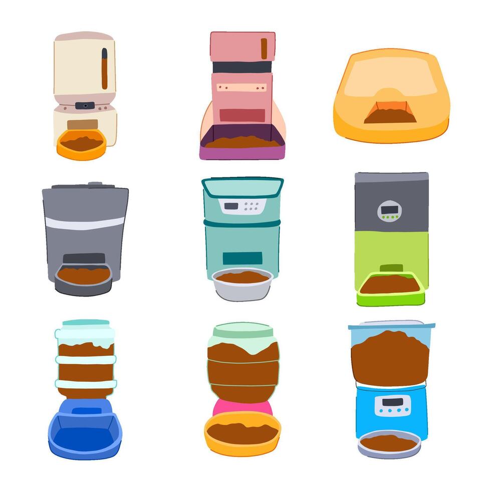 automatic pet feeder set cartoon illustration vector
