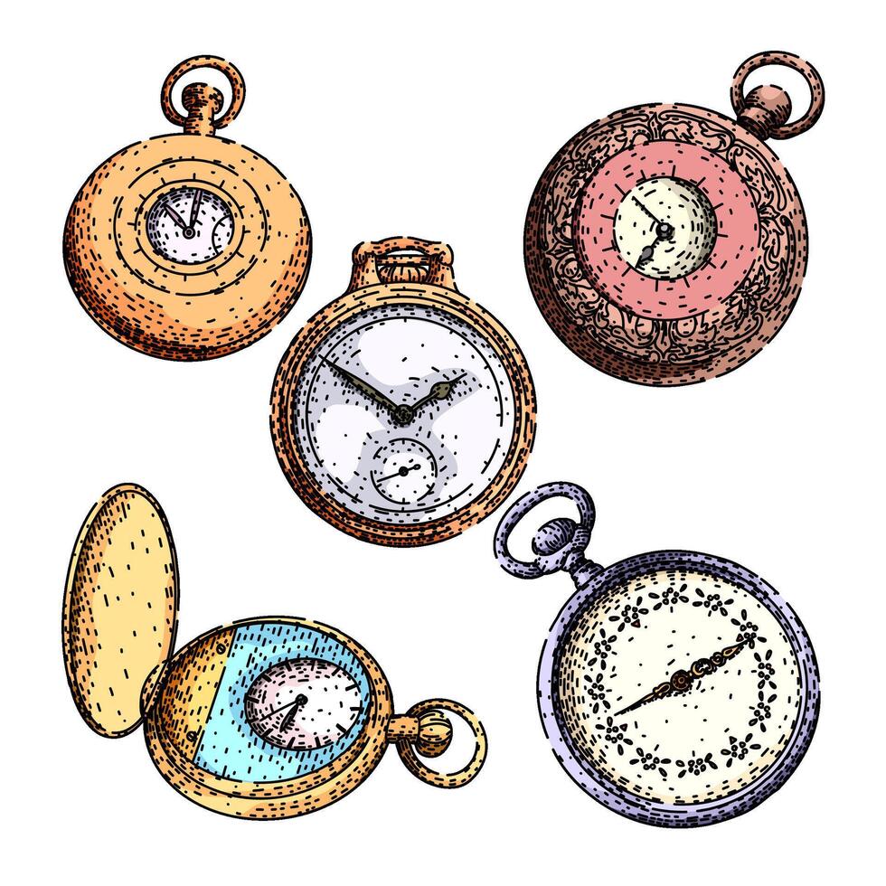 pocket watch set sketch hand drawn vector