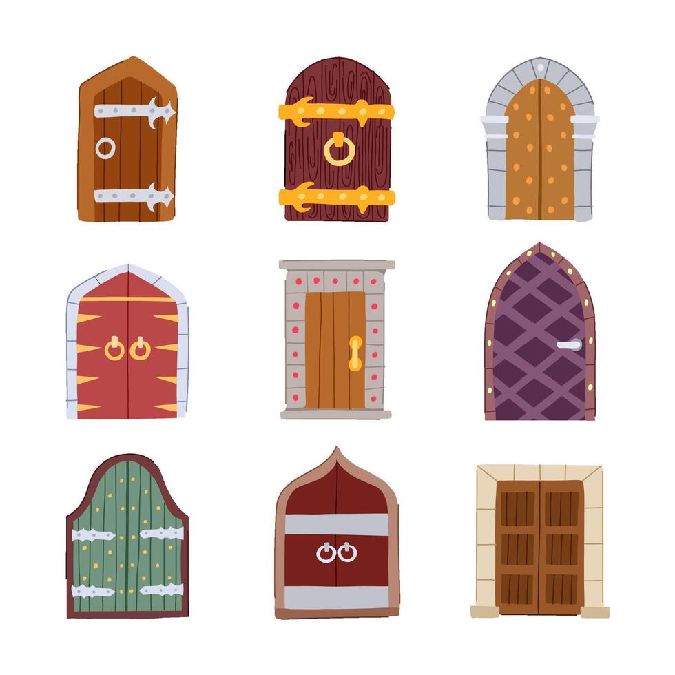 ancient medieval door set cartoon vector