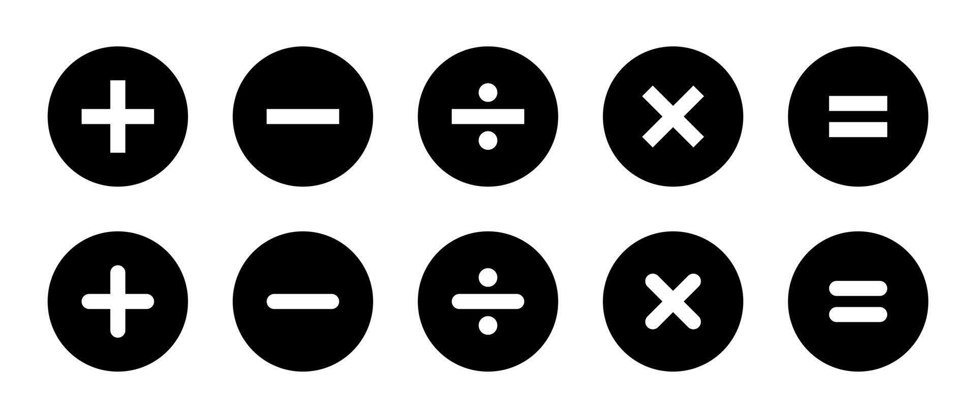 Basic math symbols icon on black circle. Addition, subtraction, division, multiplication, and equation sign vector