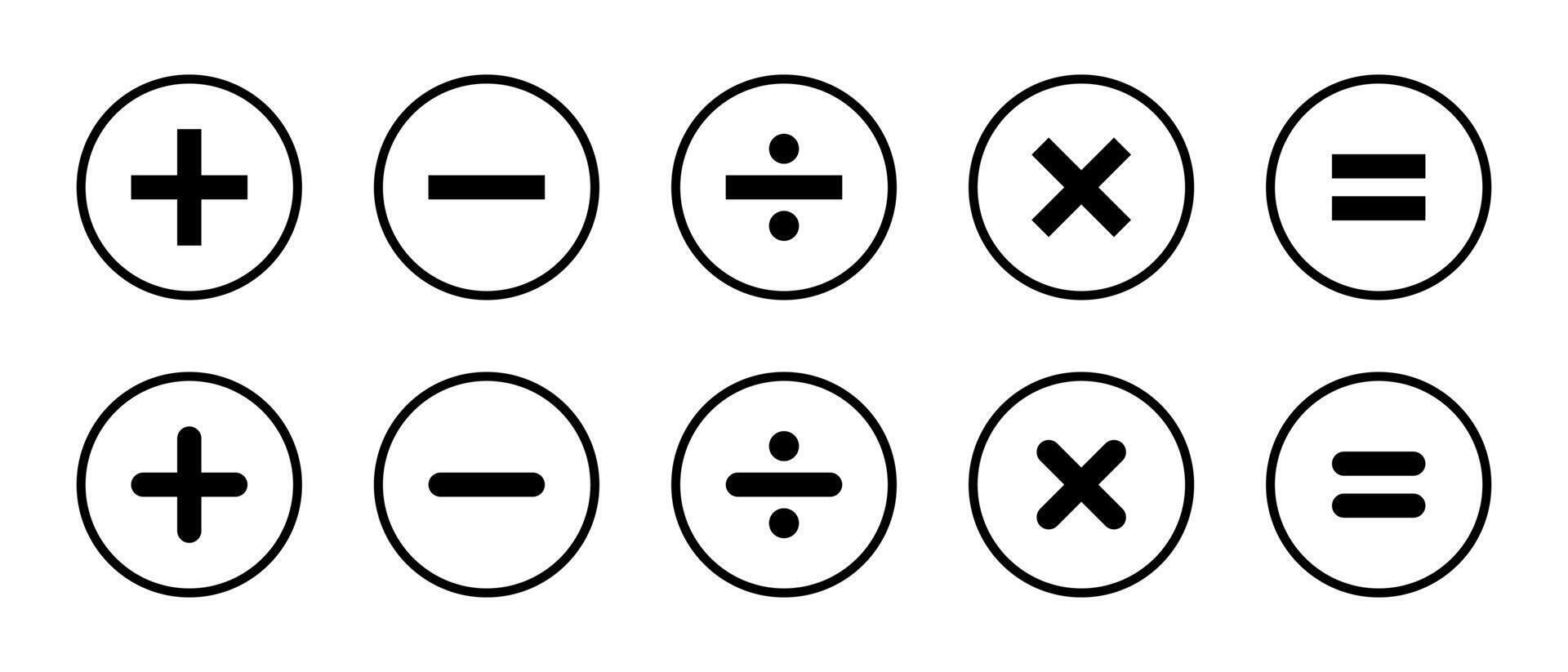 Basic math symbols icon on circle line. Addition, subtraction, division, multiplication, and equation sign vector