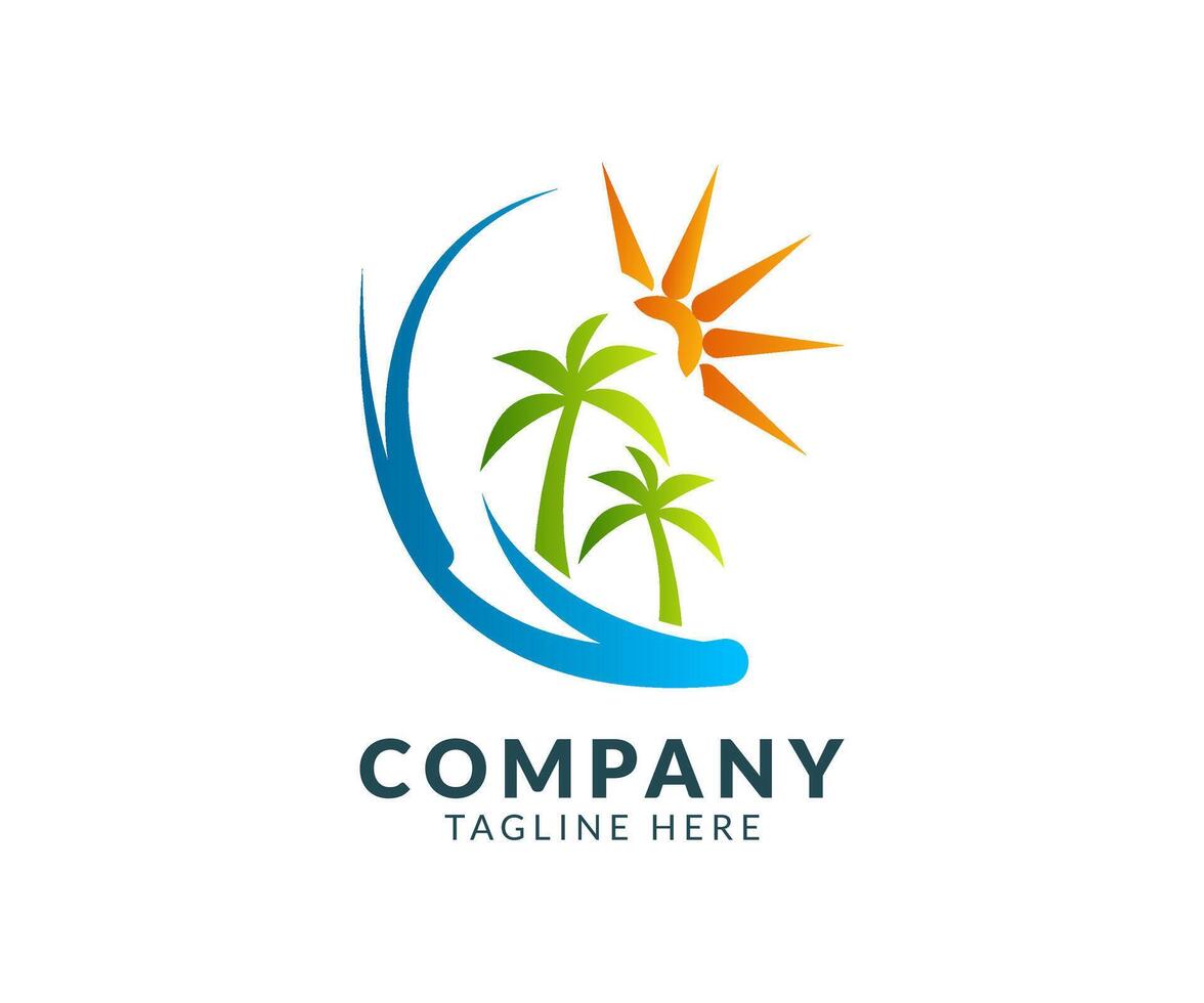 Tropical Island Logo with Palm Trees, Sun, and Ocean Waves vector