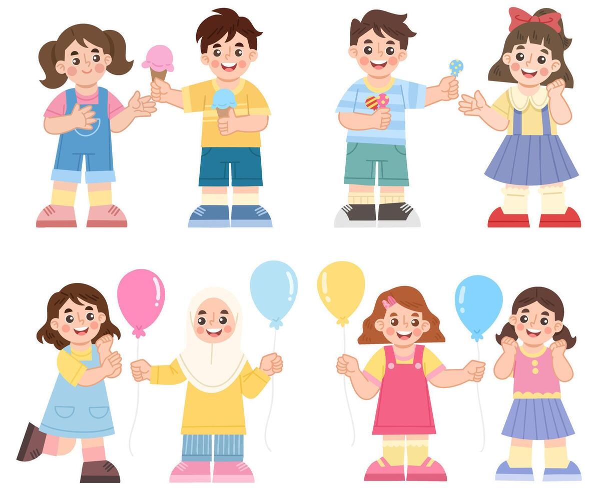 Illustration set of cheerful children sharing with each other vector