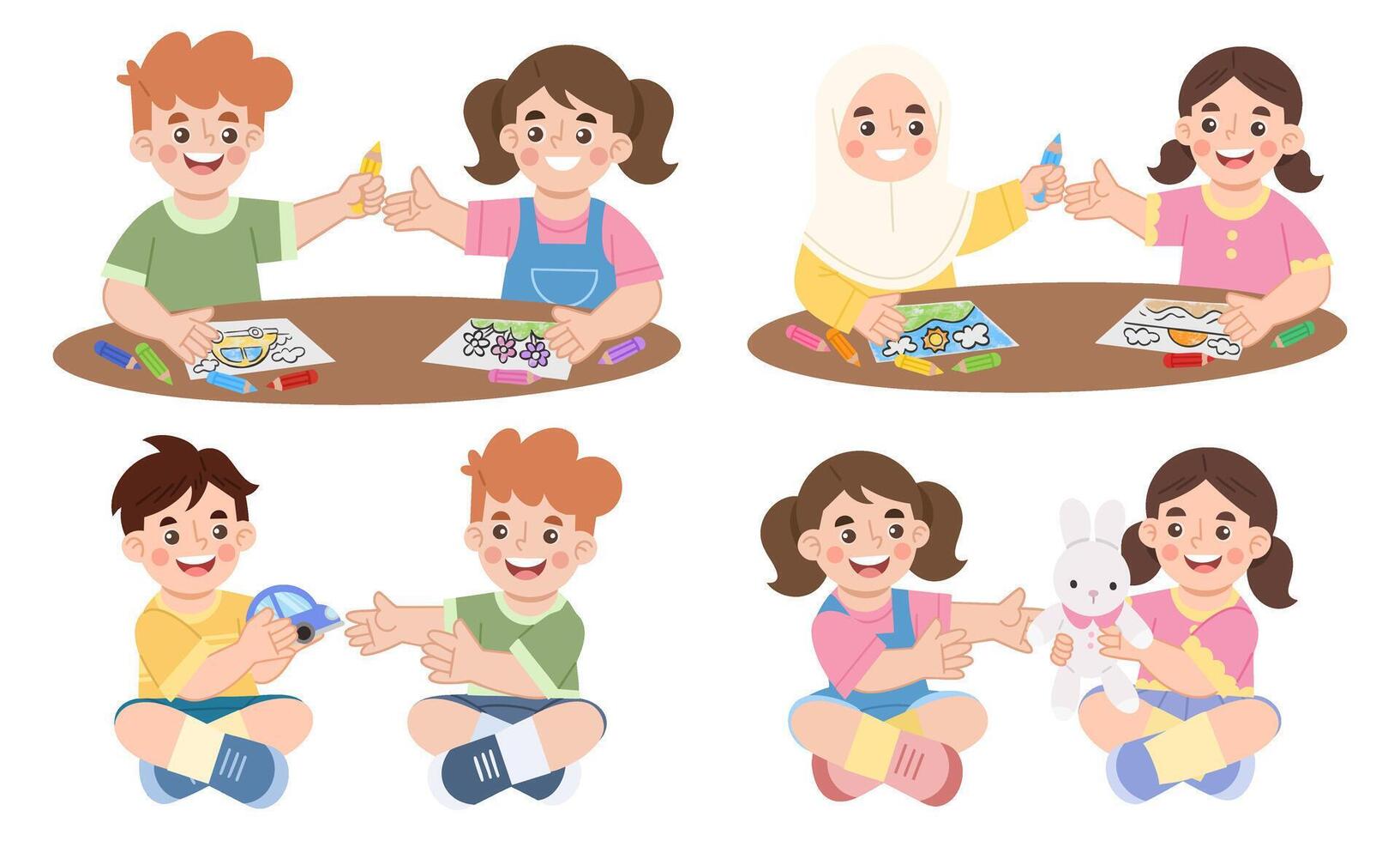 Illustration set of children sharing with each other vector