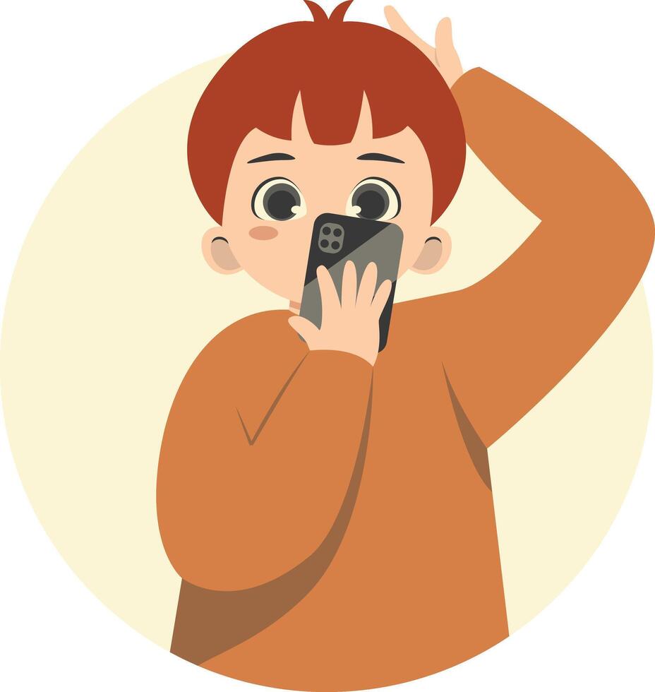 Cute Children Character Holding Smartphone in Cartoon Design vector