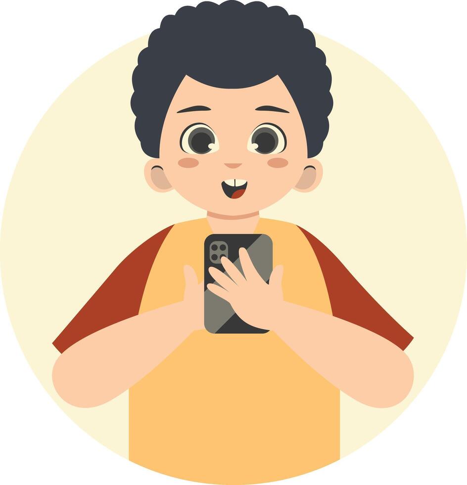 Cute Children Character Holding Smartphone with Cartoon Design. vector