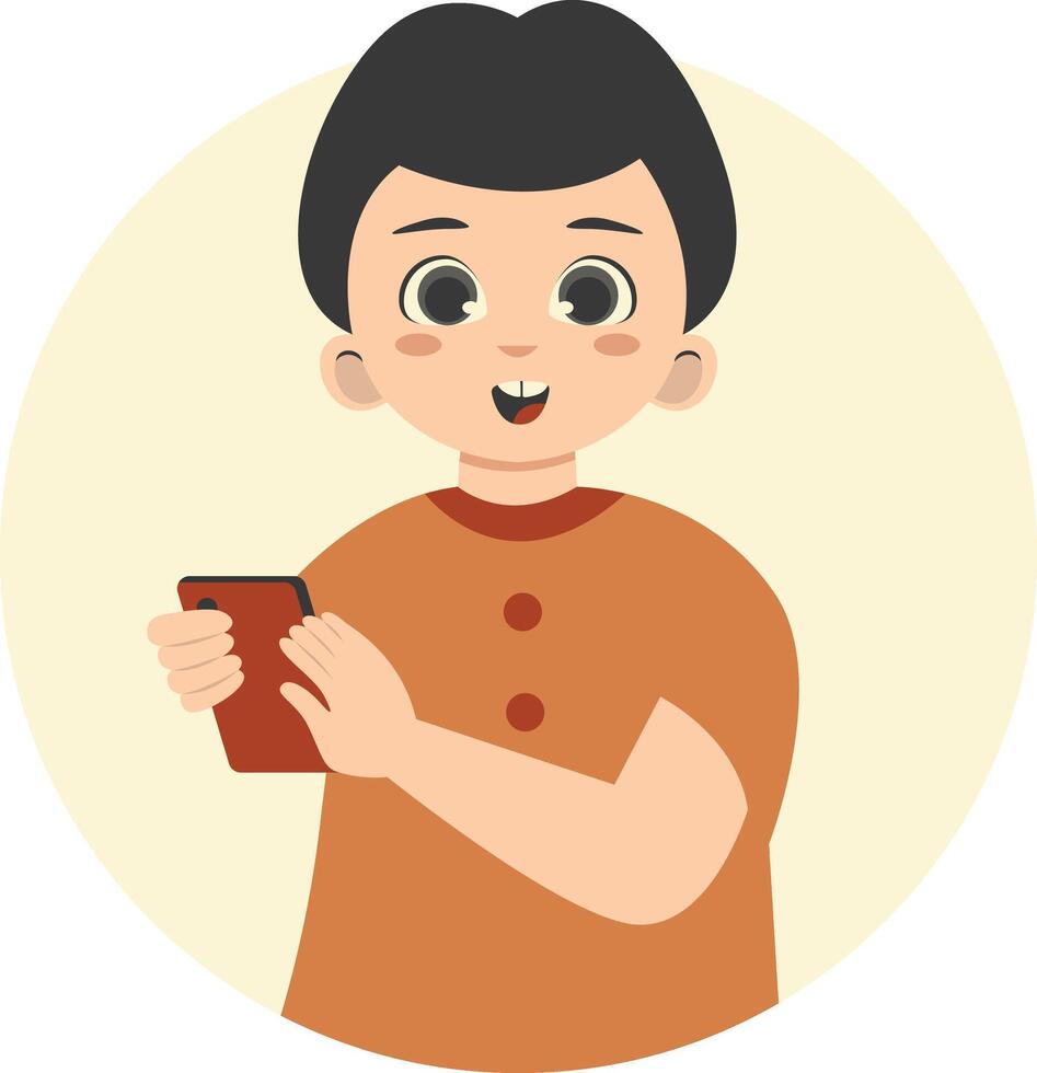 Cute Children Character Holding Smartphone in Flat Design. vector