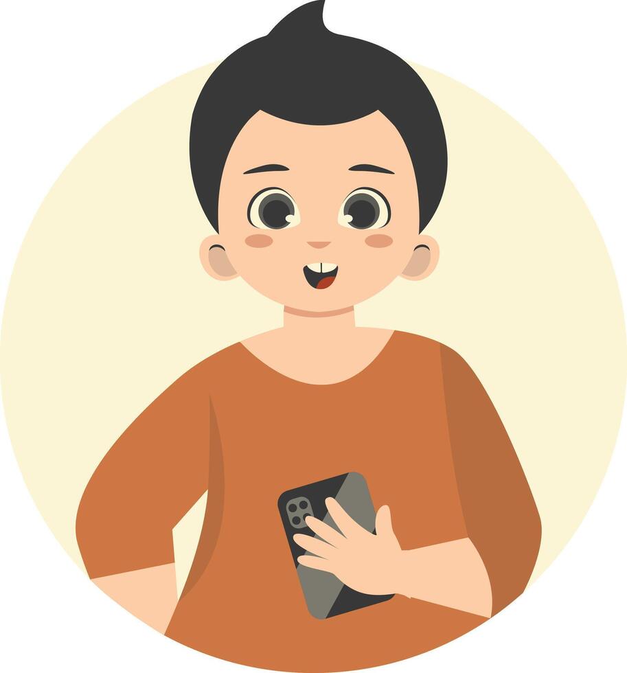 Cute Children Cartoon Character Holding Smartphone, vector