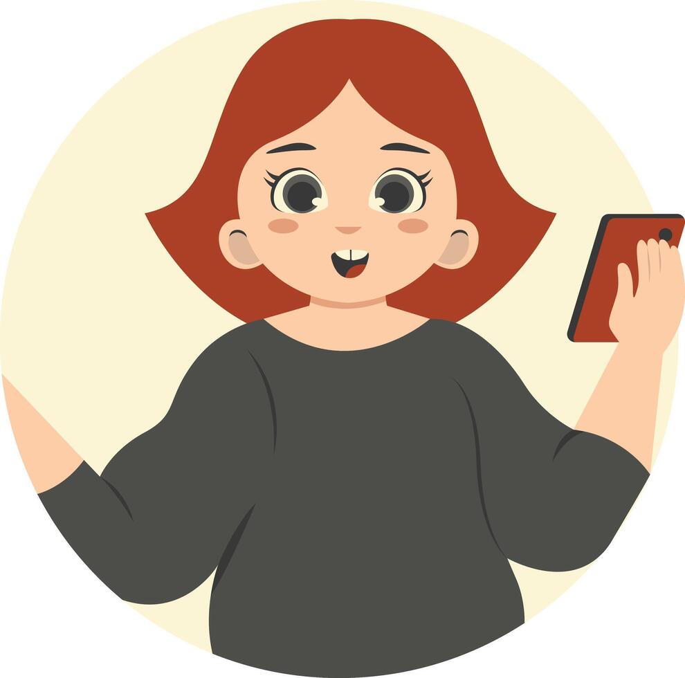Cute Children Character Holding Smartphone on White Background. vector