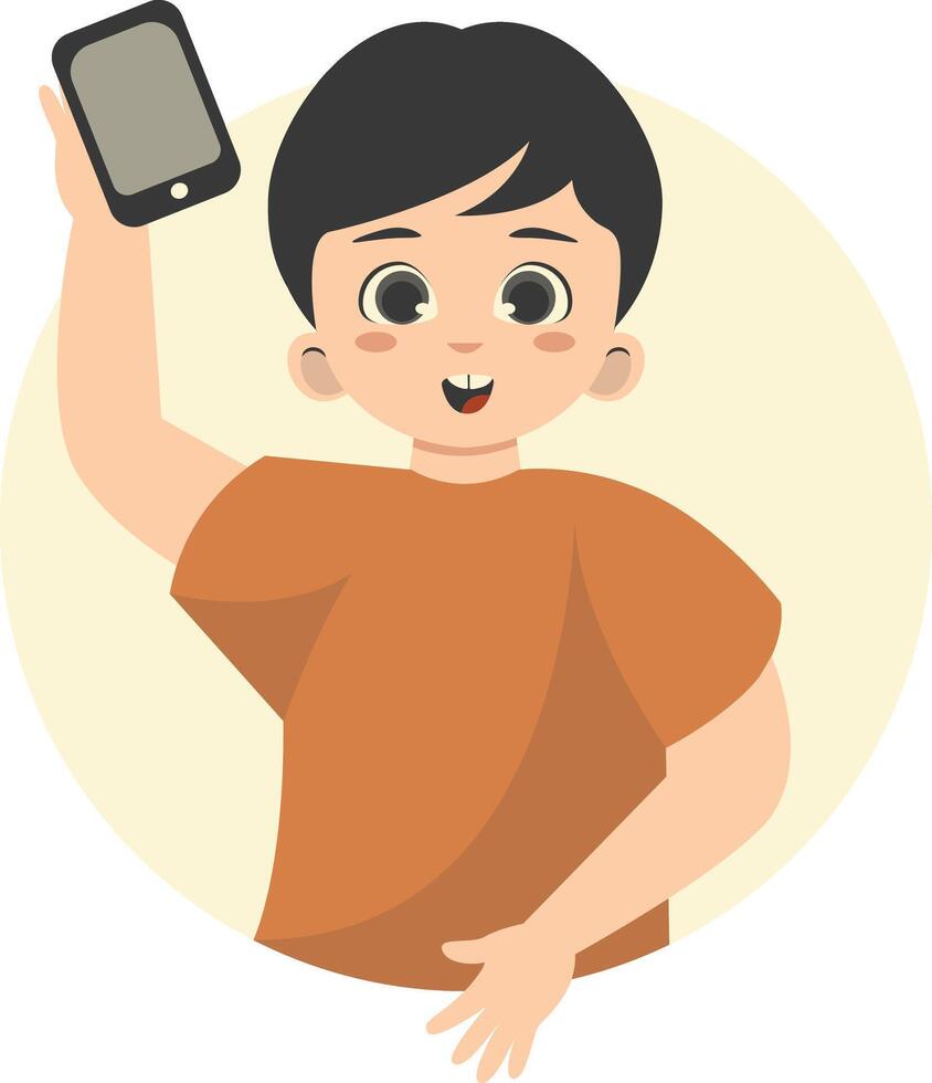 Cute Children Character Holding Smartphone in Flat Design vector