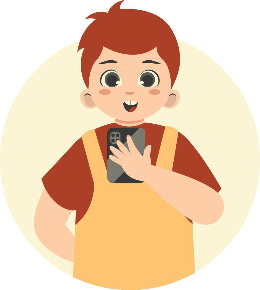 Cute Children Character Holding Smartphone Isolated on White Background. vector