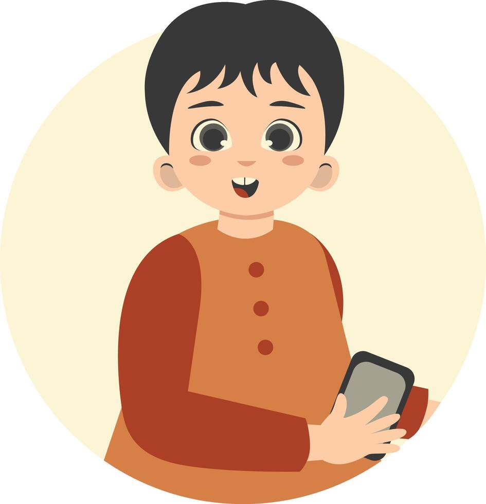 Cute Children Character Holding Smartphone. Gadget Addiction. vector