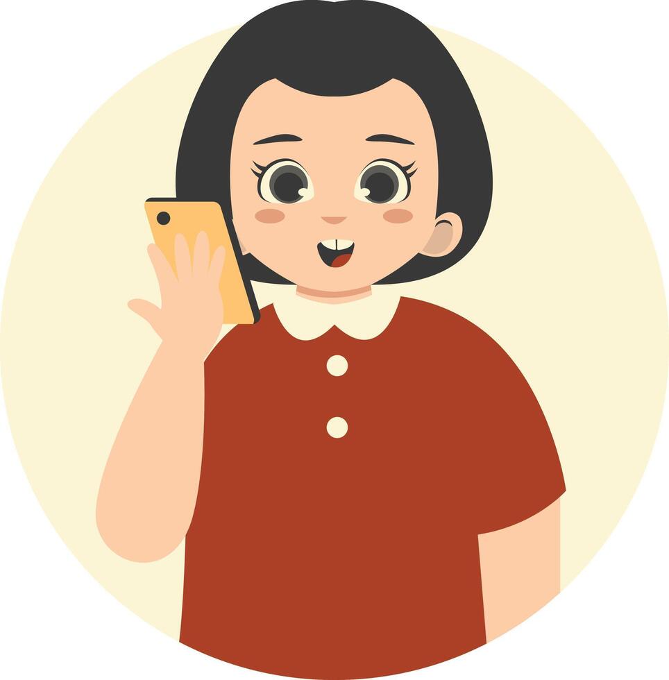Cute Children Character Holding Smartphone in Cartoon Design. vector