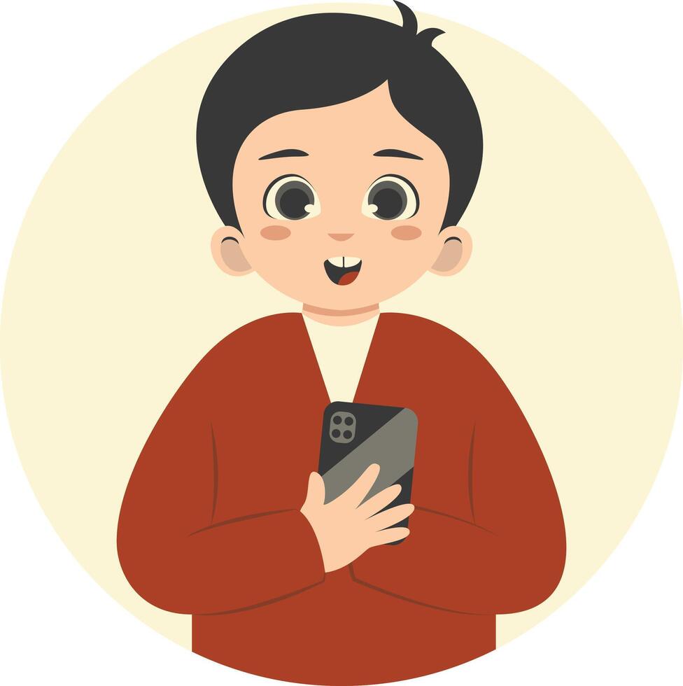 Cute Children Character Holding Smartphone with Flat Design vector