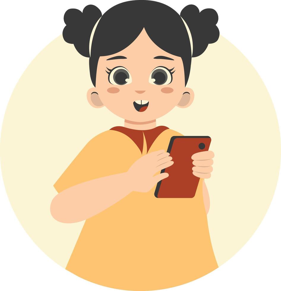 Cute Children Character Holding Smartphone with Flat Design. vector