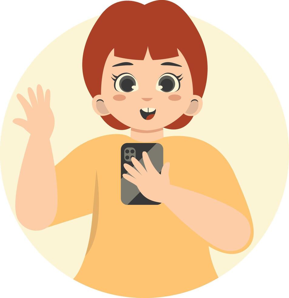 Cute Children Character Holding Smartphone Isolated on White Background, vector