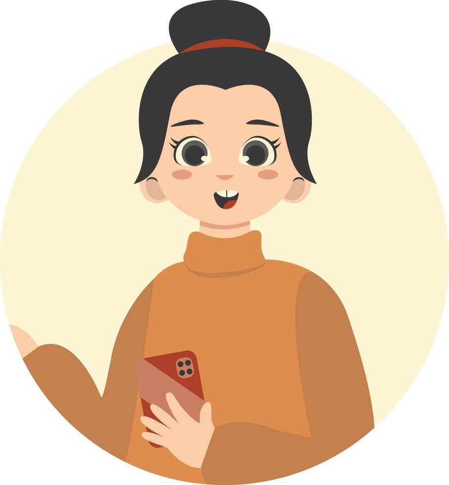 Cute Children Character Holding Smartphone. Gadget Addiction vector