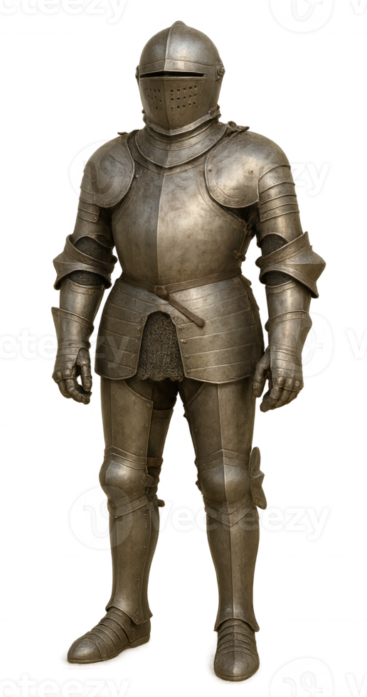 Full suit of medieval knight armor standing with transparent background png