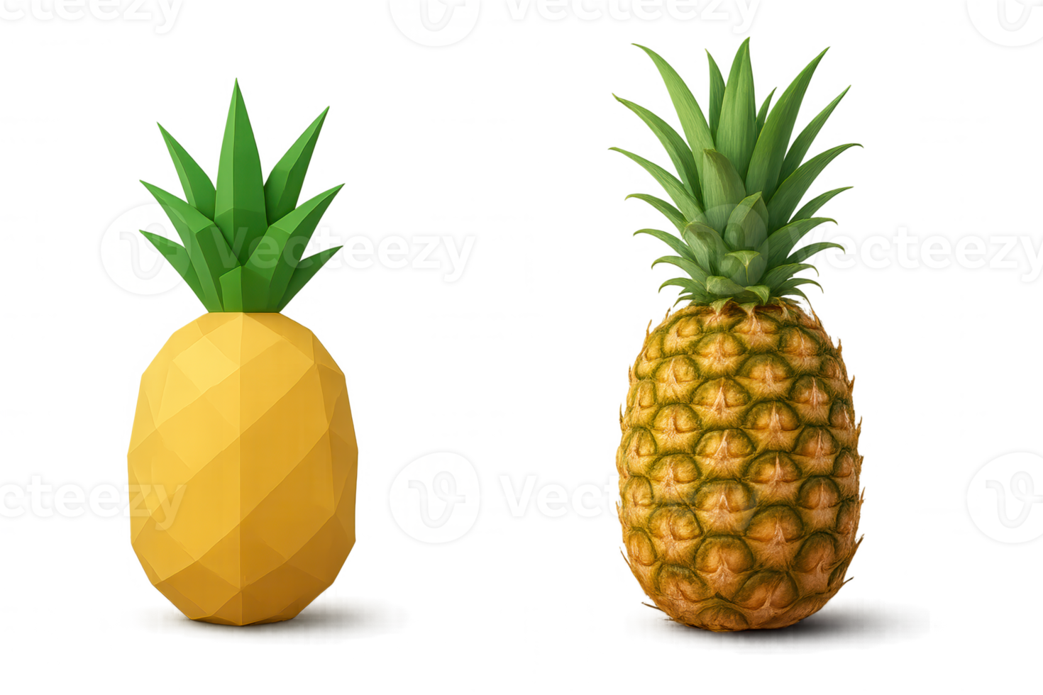 Comparing a realistic pineapple with its low poly version on transparent background png