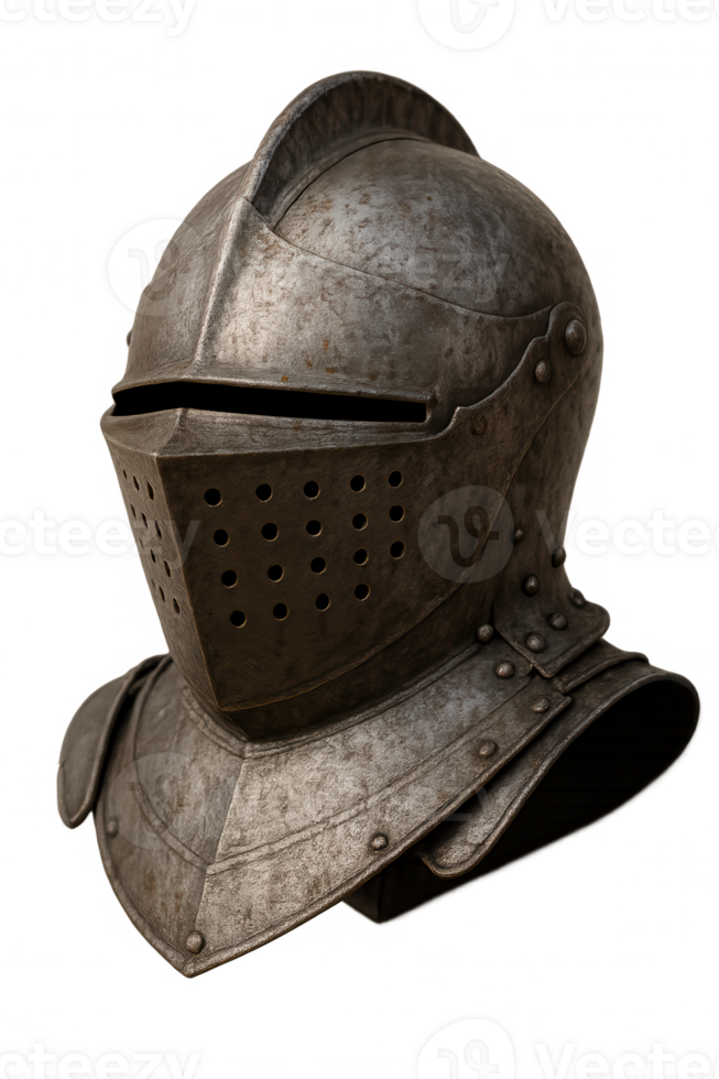 Medieval knight helmet with gorget on transparent background png