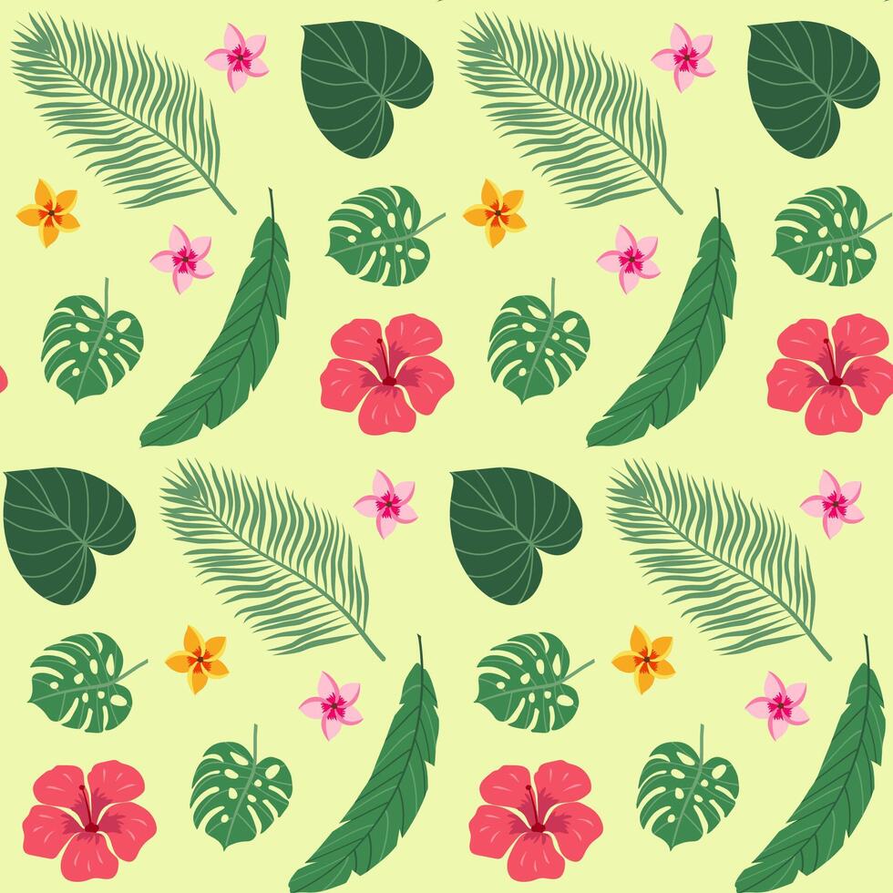 Tropical plant leaves pattern. Modern botanical illustration of monstera, palm leaf, banana leaf hibiscus. vector