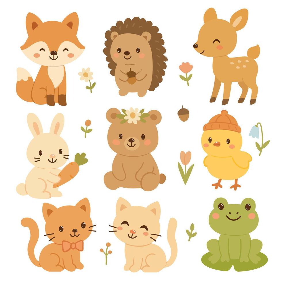 Collection cute happy little funny forest animal. Set of cute baby animal isolated on white background. Flat illustration. Deer fox frog bear chick cat rabbit and hedgehog vector