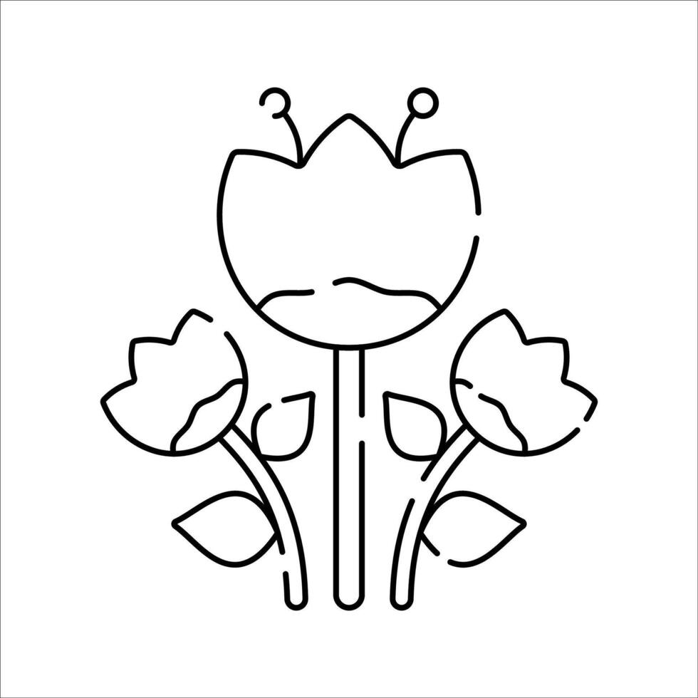 Flowers Icon Outline style, three blooming red flowers with leaves, perfect for floral themes, spring celebration, or environmental beauty. vector