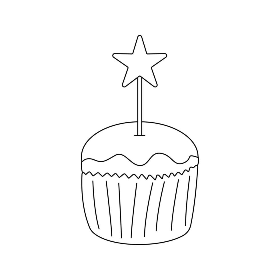 Cupcake Star Line art style, cupcake with star topper, represents party dessert or celebration snack. vector