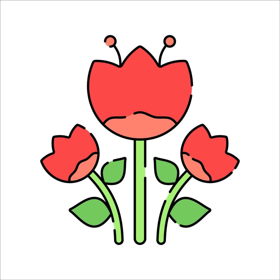 Red Flowers Flat design style, three blooming red flowers with leaves, perfect for floral themes, spring celebration, or environmental beauty. vector