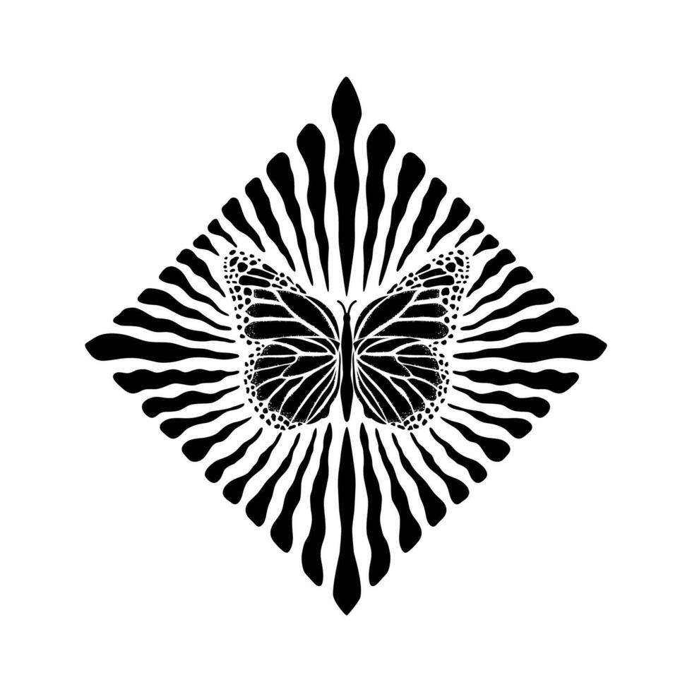 Monochrome butterfly design with radial lines in a diamond shape on white background. vector