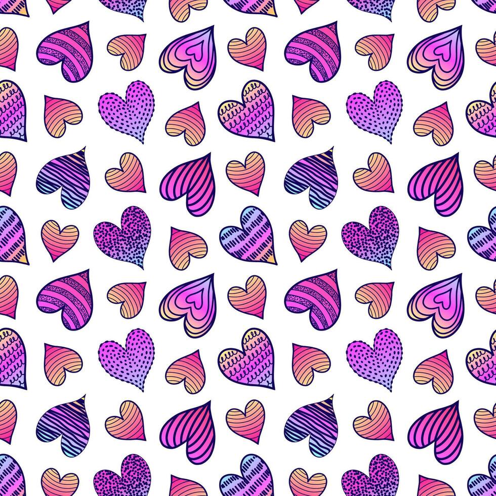 Seamless pattern with colorful hearts in doodle style on white background. vector