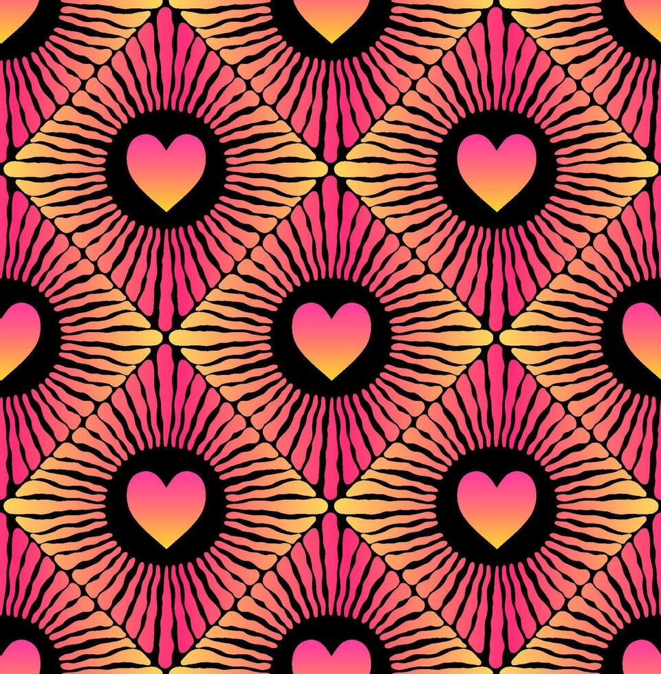Seamless pattern with red gradient hearts and gradients rays in black background. vector