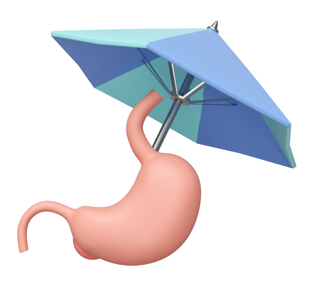 3d umbrella protecting model stomach isolated. health love, medicare concept, 3d illustration render png