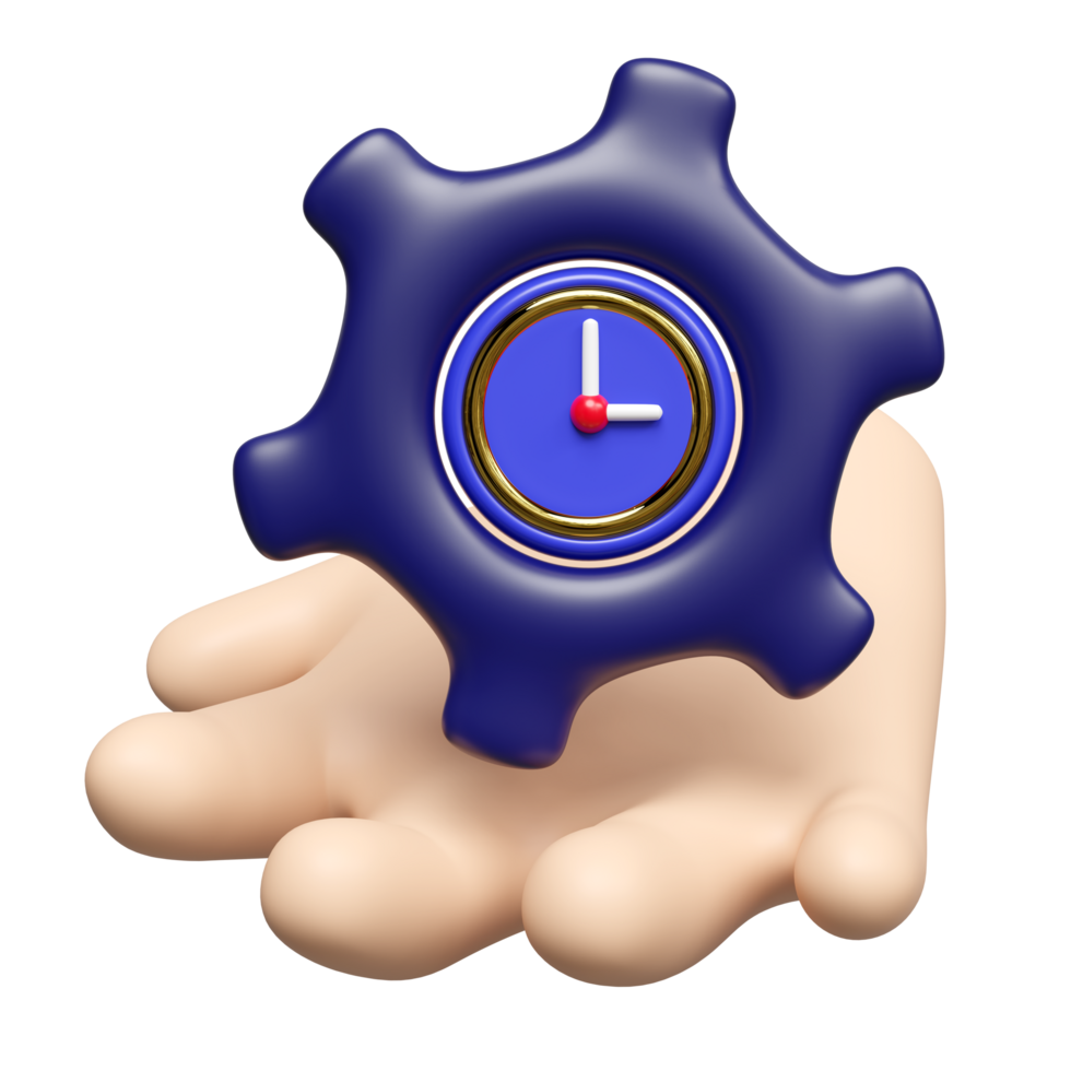 3d cartoon hand with clock in gear icon isolated. minimalism, time management, productivity concept, 3d illustration render png