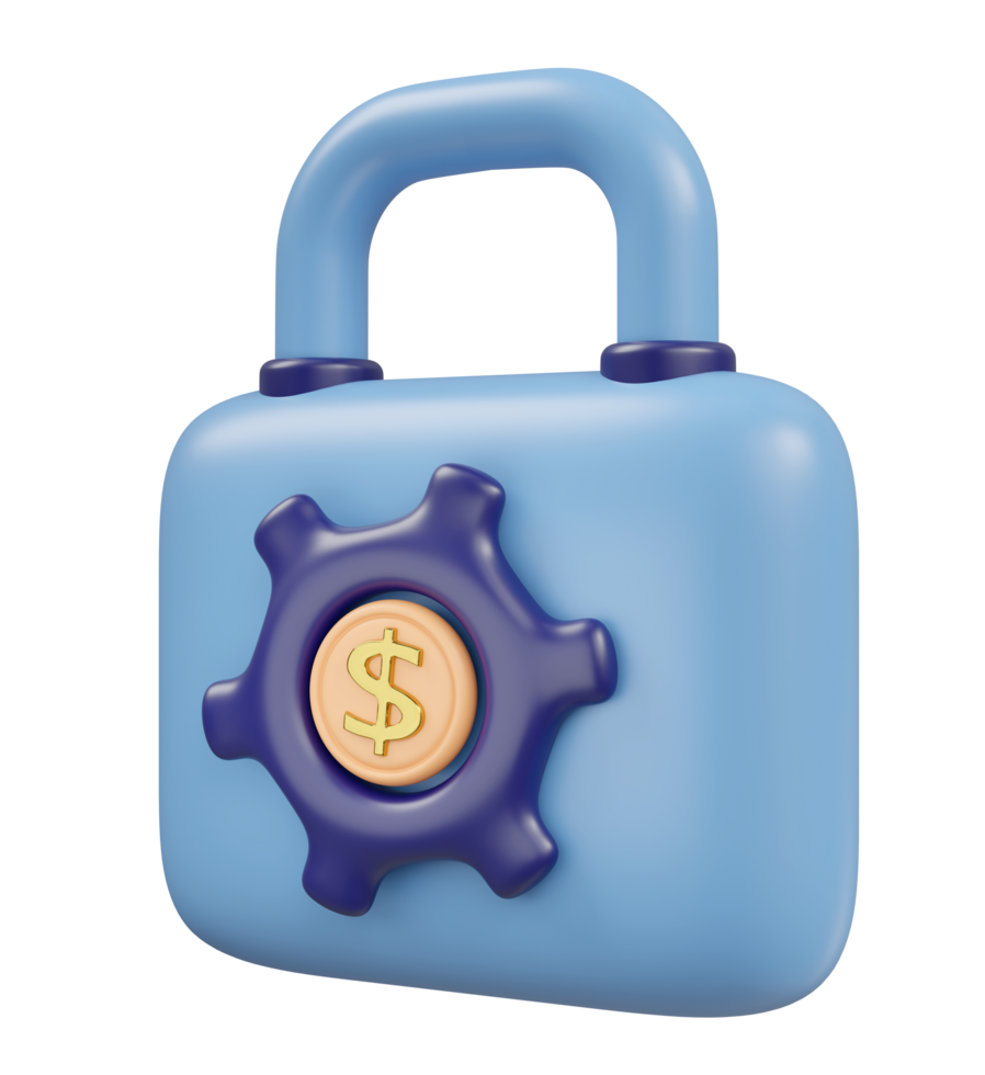 3d cartoon padlock icon with gear dollars coins isolated. Internet security, privacy protection, ransomware protect, security business banking, saving money concept, 3d render png