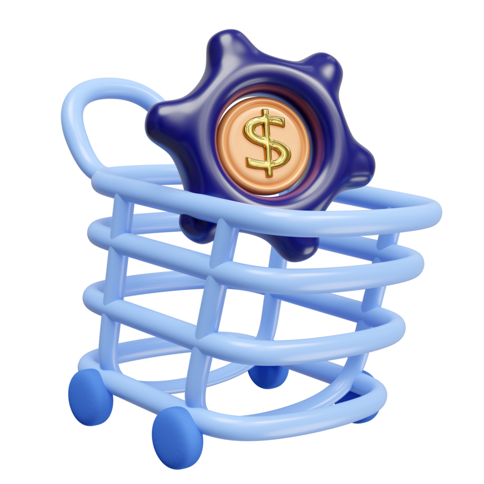 3d cartoon shopping cart icon with gear, dollars coins isolated. online stores, marketing concept, 3d render illustration png