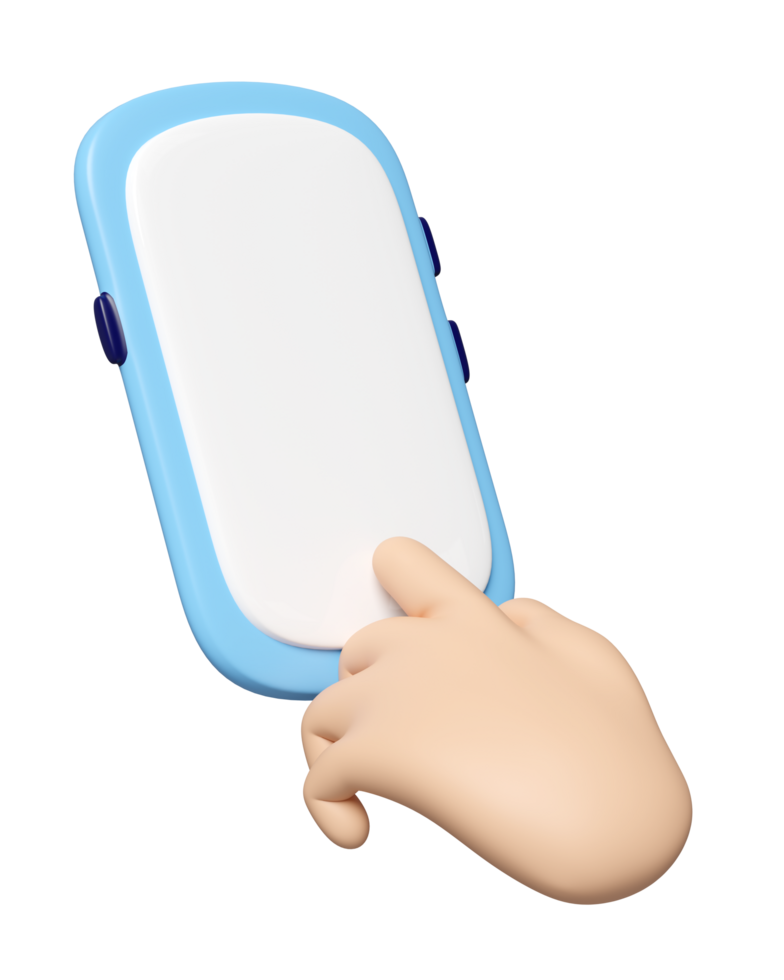 3d cartoon hand holding smartphone isolated. hand using mobile phone, screen phone template, empty screen phone mockup, minimal concept, 3d render illustration png