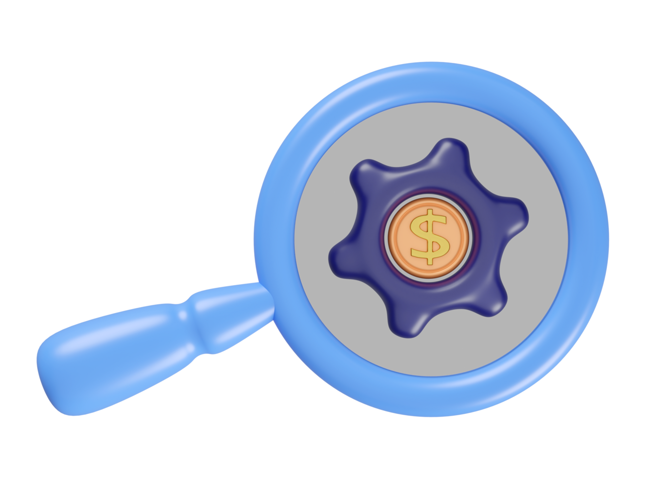 3d cartoon magnifying glass with dollar coins in gear icon isolated. find money and work ideas, 3d illustration render png