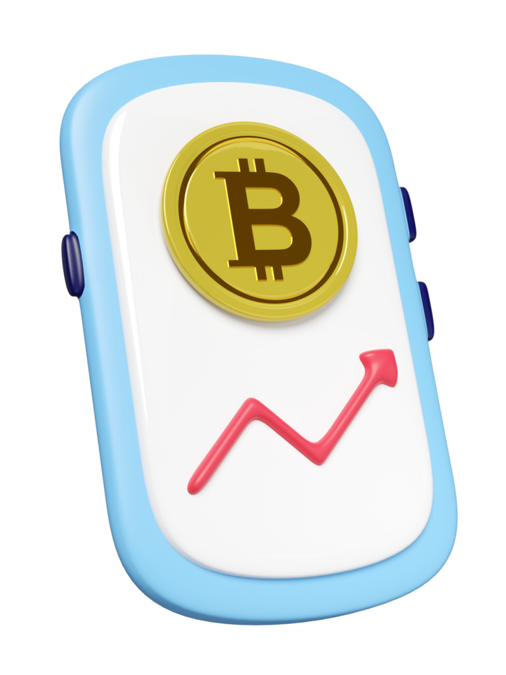 3d cartoon smartphone, mobile phone with bitcoin coin, graph isolated. digital currency, minimal concept, 3d render illustration png