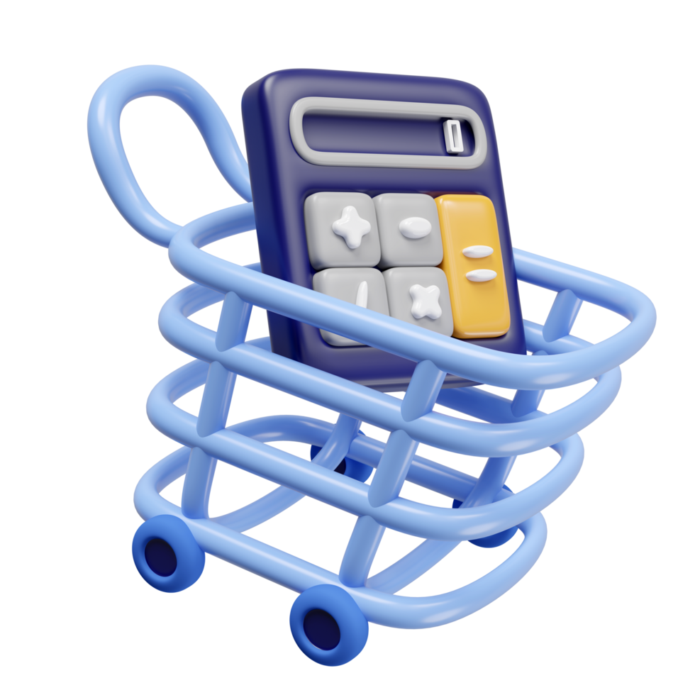 3d shopping carts, basket cartoon with calculator isolated. 3d render illustration png